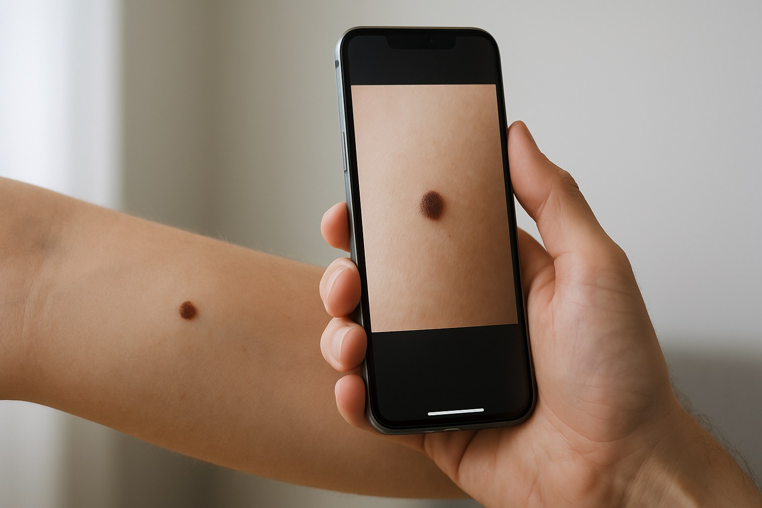 A phone photographing a mole on a forearm